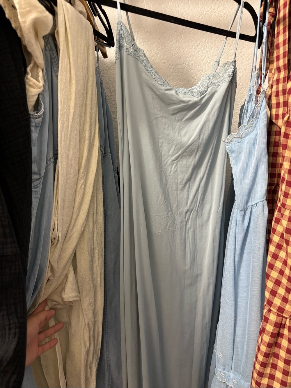 SKIMS Light Blue Satin Lace-Trim Slip Dress